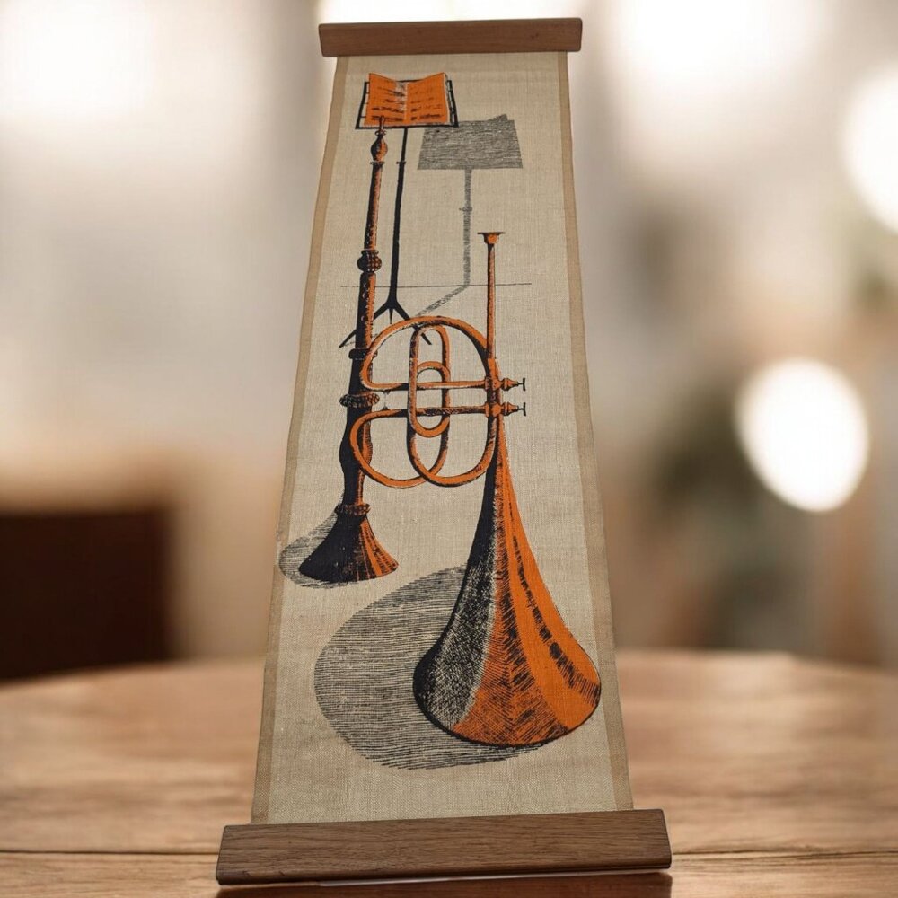 Mid Century Modern Silkscreen Scroll Tapestry Instrument On Linen MCM Horn *READ